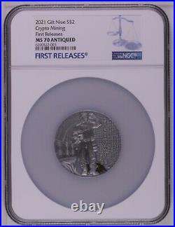 NGC MS70 FR NIUE 2021 50Grams CRYPTO MINING Silver Coin Antique Finish