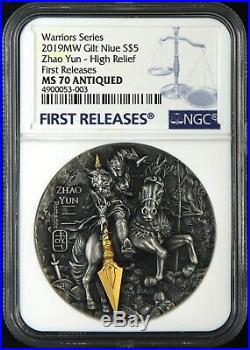 NGC MS70 Niue 2019 Warrior Zhao Yun High Relief Antiqued Silver Coin 2oz COA