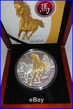 NIUE 2014 8$ YEAR OF THE HORSE GILDED 5 oz Silver Proof Coin 1st in Series