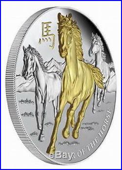 NIUE 2014 8$ YEAR OF THE HORSE GILDED 5 oz Silver Proof Coin 1st in Series