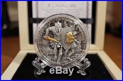 NIUE ISLAND Ares God of War 2oz Silver Coin Antique Finish + Gold Plated