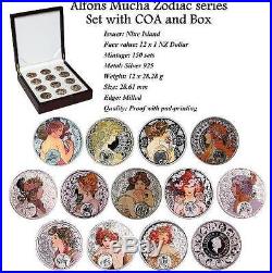 Niue 2010 2011 A. Mucha Zodiac 12x1$ Silver Coin Set + COA + Wood Box RARE