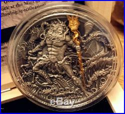 Niue 2018 POSEIDON GOD OF SEA SERIES $2 Silver Coin Gold plated 2 oz High Relief