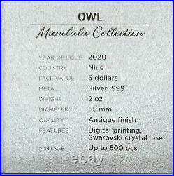 Niue 2020 Mandala Collection Owl 2 oz Antiqued Finish Silver Coin