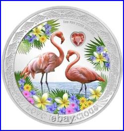 Niue 2021 $2 Love Is Precious Flamingos. 999 1 Oz Silver Coin Box & Coa