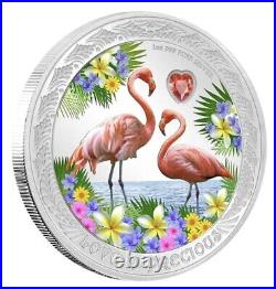 Niue 2021 $2 Love Is Precious Flamingos. 999 1 Oz Silver Coin Box & Coa