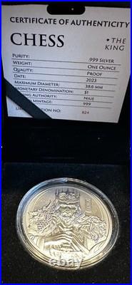 Niue 2023 Chess King Lion Dragon $1 1 Oz Pure Silver Black Proof OGP MINTAGE 999
