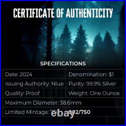 Niue 2024 BIGFOOT Sasquatch $1 1 Troy Oz Pure Silver Color Proof OGP-MINTAGE 750