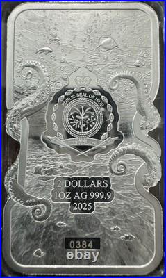 Niue 2025 $2 Nature's Grip Giant Octopus 1oz. 9999 Fine Silver Coin Bar /3500
