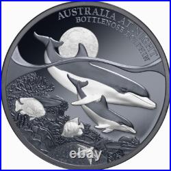 Niue 2025 BOTTLENOSE DOLPHIN Australia At Night Baby $1 Oz Silver Black Proof