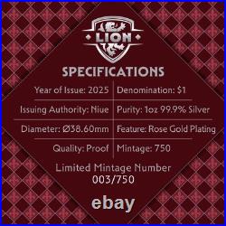 Niue 2025 LION Heraldic Beasts $1 Oz Pure Silver Proof Rose Gold MINTAGE 750