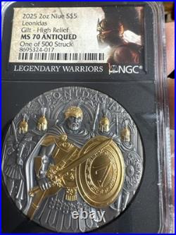 Niue 2025 Leonidas $5 2-oz High Relief Silver Antiqued &Gold Gilded NGC MS70