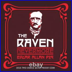 Niue 2025 THE RAVEN Edgar Allan Poe $5 2 Oz Silver Black Proof-MINTAGE ONLY 299