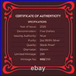 Niue 2025 THE RAVEN Edgar Allan Poe $5 2 Oz Silver Black Proof-MINTAGE ONLY 299