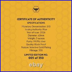 Niue 2026 HONEY BEE & Hive $10 5 Oz Pure Silver GILDED BLACK PROOF-MINTAGE 350