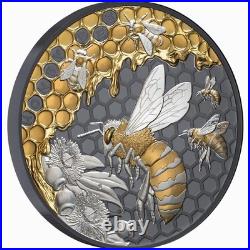Niue 2026 HONEY BEE & Hive $10 5 Oz Pure Silver GILDED BLACK PROOF-MINTAGE 350