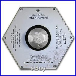 Niue $2 Dollars, 44g 3D Pure Silver Diamond 0.1 ct Coin, 2016, Brilliant Cut, Mint