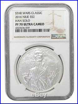 Niue Star Wars $2, 1 oz. Silver Coin, 2016, Han Solo, Queen Elizabeth, NGC 70