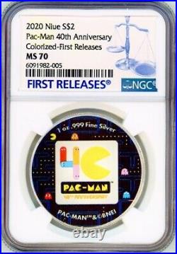 PAC-MAN 40th ANNIVERSARY 2020 NIUE 1oz SILVER COIN $2 NGC MS 70 FR COLORIZED