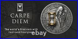 RARE Niue 5$ 2018 Silver 2oz Ø50mm CARPE DIEM coin with real SAND HOURGLASS