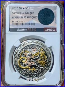 Rare 2025 Niue S$1 Samurai And Dragon Reverse PF 70 Antiqued Christmas Sale
