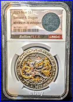 Rare 2025 Niue S$1 Samurai And Dragon Reverse PF 70 Antiqued Christmas Sale Rare 2025 Niue S$1 Samurai And Dragon Reverse PF 70 Antiqued Christmas Sale