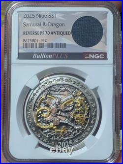 Rare 2025 Niue S$1 Samurai And Dragon Reverse PF 70 Antiqued Christmas Sale