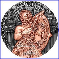 ZEUS-GODS OF OLYMPUS 2 oz silver coin antiqued Gild Niue 2017 Ultra High Relief