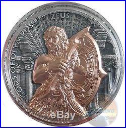 ZEUS Gods of Olympus Rose Gold Plated 2 Oz High Relief Silver Coin 5$ Niue 2017