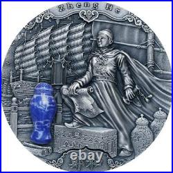 ZHENG HE FAMOUS EXPLORERS 2020 2 oz UHR Pure Silver Coin with PORCELAIN NIUE